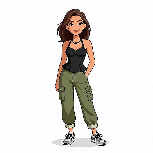 Digital cartoon of a smiling young woman with brown hair, wearing a black tank top, green cargo pants, and white sneakers, standing confidently against a white