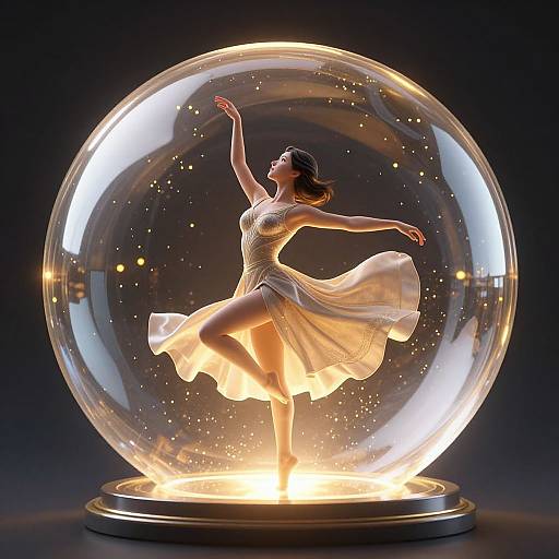 Photorealistic digital artwork: A dancing woman in a flowing white dress, illuminated within a glowing, transparent snow globe against a dark background.
