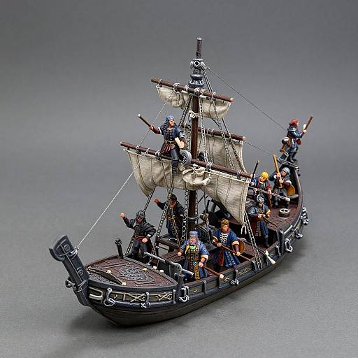 Photograph of a detailed LEGO pirate ship with 12 mini-figures, sailing on grey background, featuring black hull, tan sails, and varied pirate
