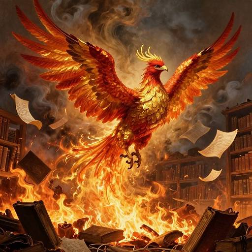 Digital illustration of a fiery, majestic phoenix with red and orange feathers, wings spread, emerging from a blazing inferno amidst burning books and swirling smoke in