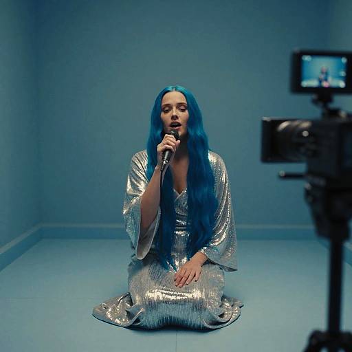 Interstellar Woman Singing in Teal Room