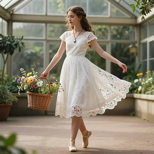 Photograph of a young woman with long brown hair in a white lace dress, holding a basket of colorful flowers, dancing in a sunlit greenhouse.