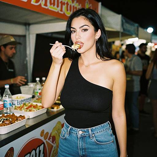 Photograph of a dark-haired woman in a black one-shoulder top and blue jeans, eating from a food truck at night.