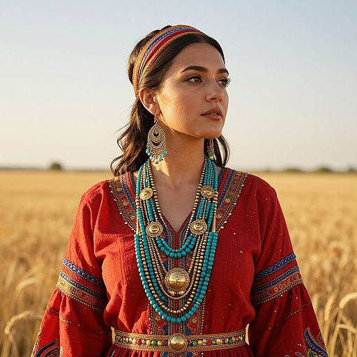 Photograph of a South Asian woman with medium brown skin, dark hair, wearing a vibrant red traditional dress, turquoise and gold jewelry, and headband