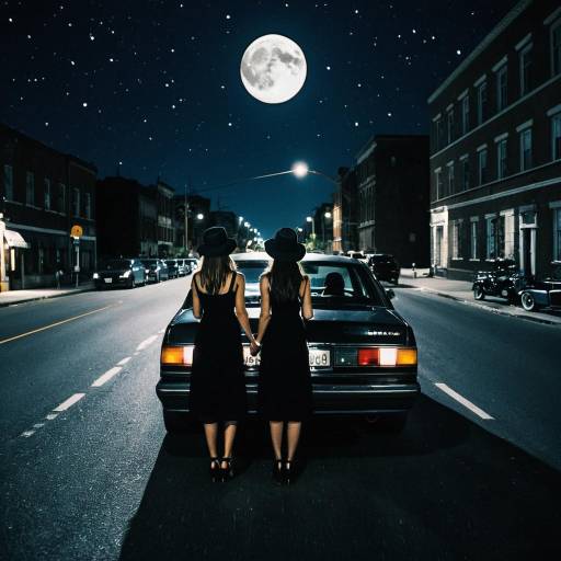 Two Women Holding Hands Under Full Moon on City Street