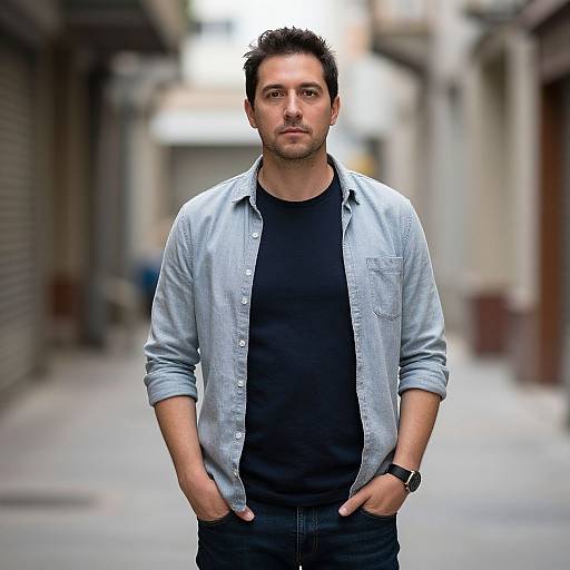 Photograph of a handsome, short-haired man with a light beard, wearing a light blue shirt over a black t-shirt, hands in pockets, standing
