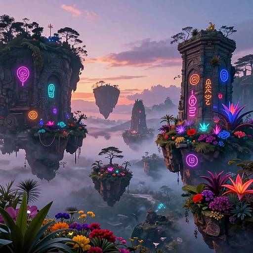 Fantasy landscape with glowing neon symbols on floating, plant-covered stone structures at sunset; vibrant flowers, misty atmosphere, and floating islands.