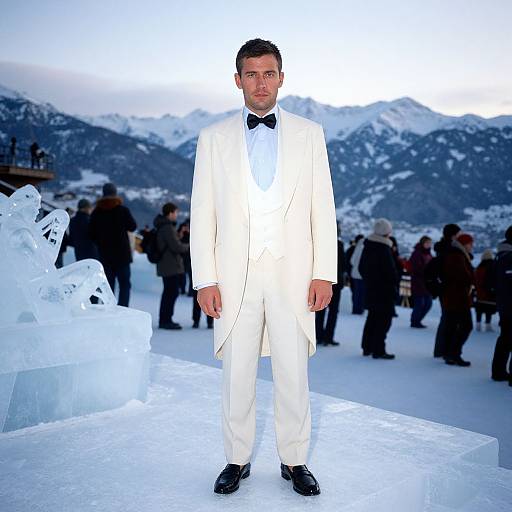 Photograph of a man in a white tuxedo with black bow tie, standing on ice sculpture in snowy mountain background, surrounded by people.