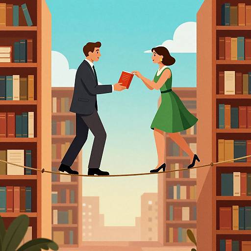 Digital illustration of a man in a suit and a woman in a green dress balancing on a tightrope between bookshelves.