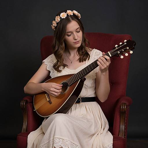 Photograph of a young woman with wavy brown hair, wearing a white lace dress and floral headband, playing a wooden banjo in a dark