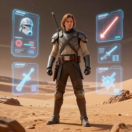 Photograph of a man in Mandalorian armor with shoulder pauldrons, belt, and boots, standing in a desert with holographic lightsaber interfaces
