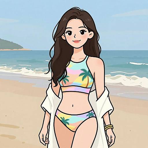 Digital anime-style drawing of a smiling young woman with long brown hair, wearing a colorful palm tree bikini and white open jacket, standing on a sandy beach