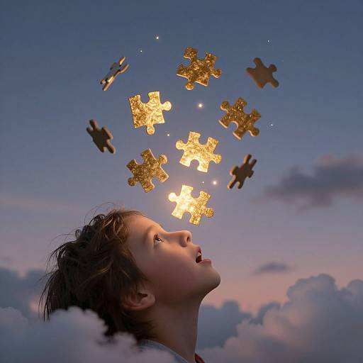 Photograph of a young boy with tousled brown hair, gazing upwards as golden puzzle pieces float against a twilight sky.