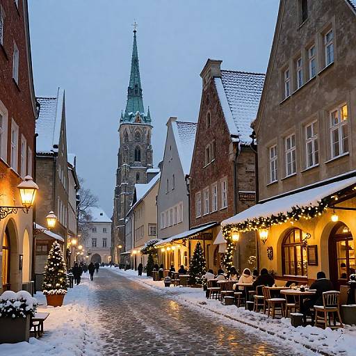 Photograph of a snowy, cobblestone street in a European town at dusk, with warmly lit cafes, Christmas decorations, and a church spire