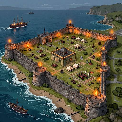 Aerial view of a medieval fortress with burning torches, ships in the ocean, and lush greenery, under a twilight sky. Digital art style