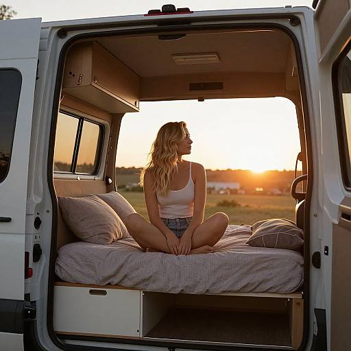 Photograph of a blonde woman in a white tank top and denim shorts, sitting cross-legged on a bed inside an open white van at sunset, with
