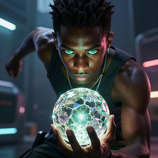Photograph of a muscular black man with glowing green eyes, wearing a black sleeveless shirt and necklace, intensely holding a glowing, crystal-like orb in