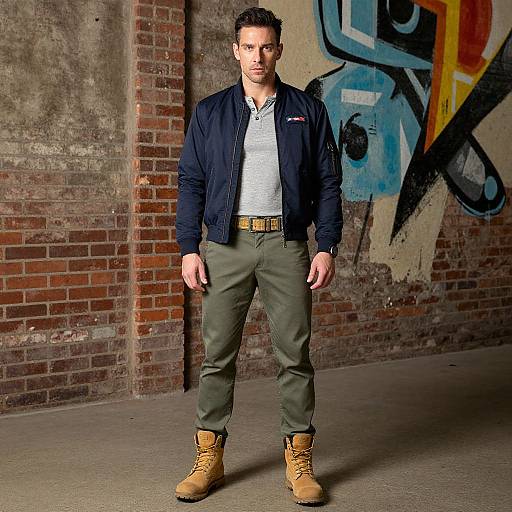 Photograph of a handsome, dark-haired man in a navy jacket, gray shirt, olive pants, and tan boots, standing in a graffiti-covered brick