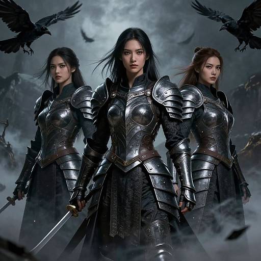Digital fantasy artwork of three fierce Asian women in shiny, ornate steel armor, holding swords, with black ravens flying overhead.