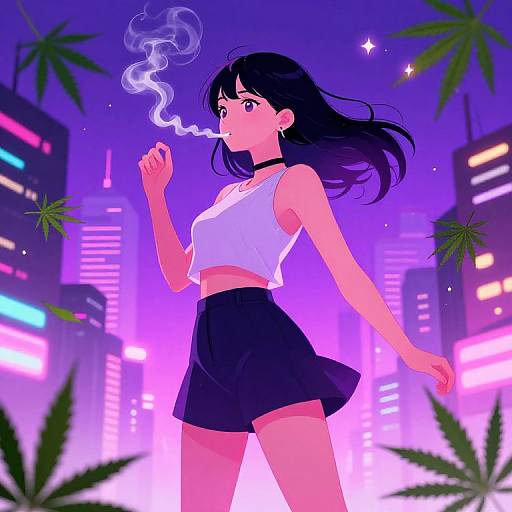 Anime-style digital drawing of a black-haired girl smoking, wearing a white crop top and black shorts, in a neon-lit cityscape with glowing skys