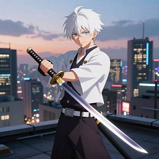 Confident White-Haired Anime Swordsman