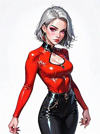 Modern Glam Woman in Red Bodysuit and Black Trousers