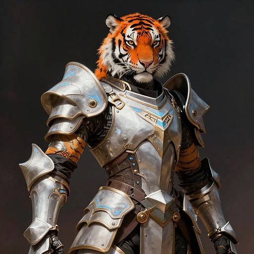 Digital artwork of a fierce, anthropomorphic tiger in shiny, medieval-style silver armor, standing against a dark, gradient background. Tiger's orange fur contrasts