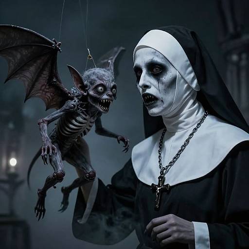 Photorealistic digital art of a pale, white-faced nun with dark makeup, holding a grotesque, bat-winged goblin puppet. Blue,