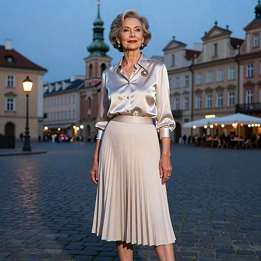 Elegant Elderly Woman in Silk Blouse and Pleated Skirt in European Square
