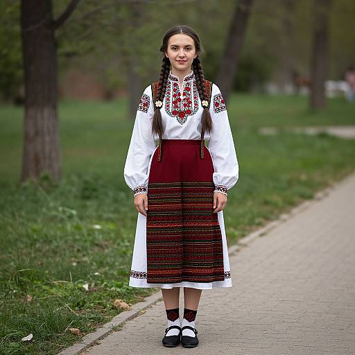 Photograph of a young girl with braided hair, wearing a white blouse and red-brown embroidered dress, standing on a park path.