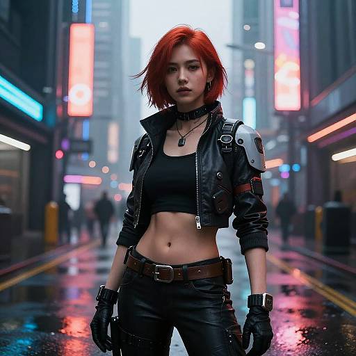 Cyberpunk street scene photograph of a red-haired Asian woman with short hair, black crop top, leather jacket, and gloves, standing confidently on a