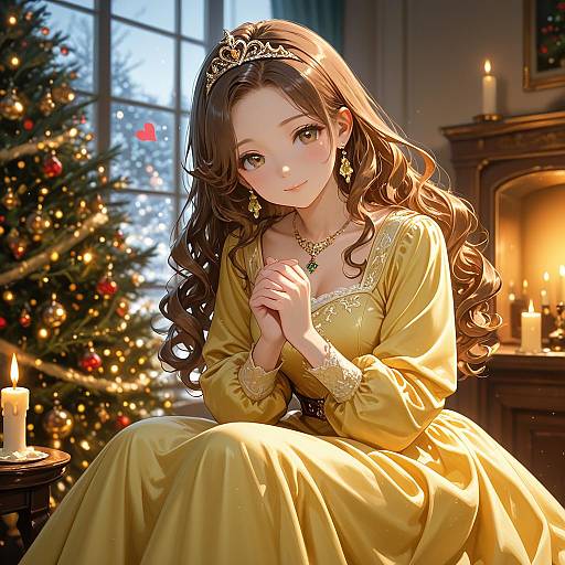 Elegant Woman in Yellow Dress by Christmas Tree