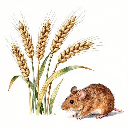 Illustration of a brown mouse with black eyes and pink feet beside tall, golden wheat stalks on a white background.