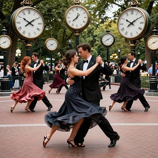 Photograph of a lively ballroom dance group in elegant black and red attire, dancing in a park with large, circular clocks in the background.