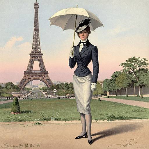 Digital artwork of a poised woman in a navy blazer, white skirt, and black hat, holding a white umbrella, standing in front of the E