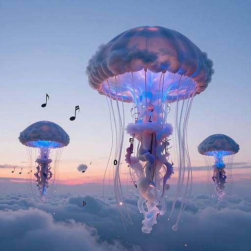Digital artwork of three glowing blue and purple jellyfish with musical notes floating above a cloud-covered sky at sunset.