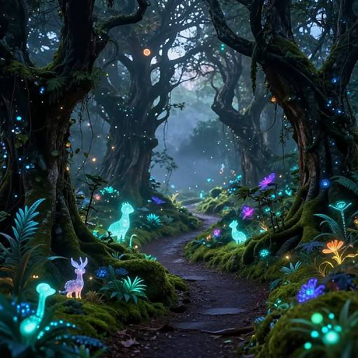 Fantastical forest path illuminated by glowing, colorful fairy lights and ethereal blue, purple, and green creatures under a misty, moonlit canopy