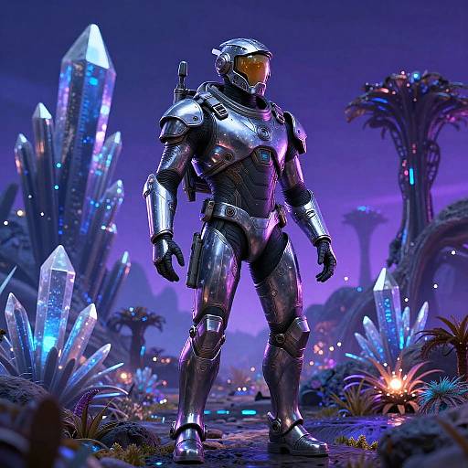 CGI image of a futuristic, armored soldier standing in a neon-lit, crystal-filled alien landscape with glowing plants and a purple sky.
