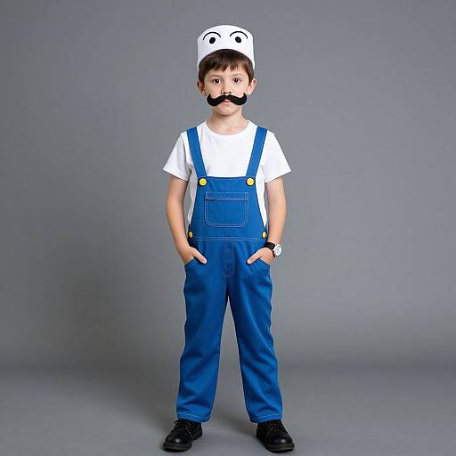 Photograph of a young boy with a mustache, wearing a white hat with eyes, blue overalls, white shirt, black shoes, and hands