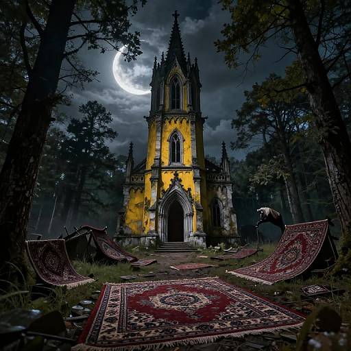 Photograph of a gothic, yellow-lit church under a crescent moon, surrounded by dark forest, with red patterned rugs and a falling