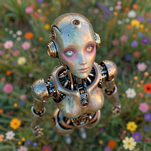 Photograph of a silver, robotic humanoid with glowing blue eyes, standing amidst a colorful, blooming garden of various flowers.