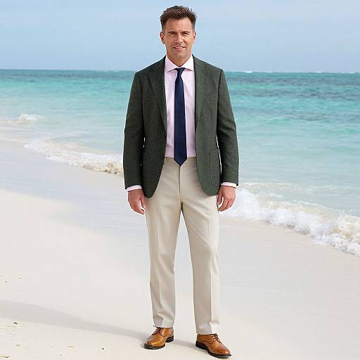 Photograph of a tall, handsome man with short dark hair, wearing a dark green blazer, white shirt, navy tie, beige pants, and