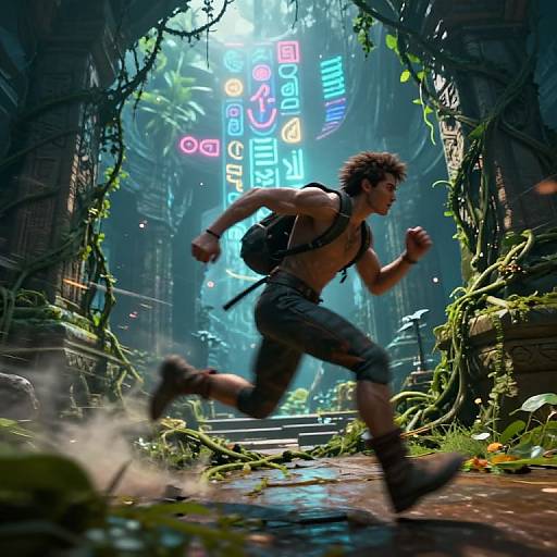 CGI image of a muscular, shirtless man running through a neon-lit, overgrown, dystopian urban jungle with vibrant neon signs and vines