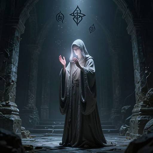 Mysterious nun in a dimly lit, ancient stone archway, illuminated by blue light, casting a glowing hand gesture, surrounded by mystical symbols.