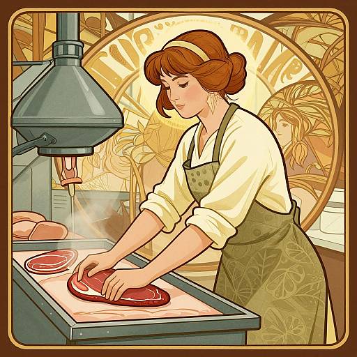 Vintage-style digital illustration of a brown-haired woman in a green apron and white shirt, slicing meat on a kitchen counter.