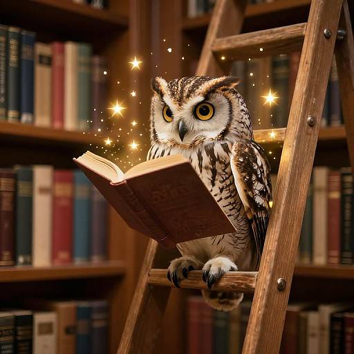 Photograph of a magical owl with sparkling eyes and feathers, perched on a wooden ladder, reading an open book in a warmly lit library.
