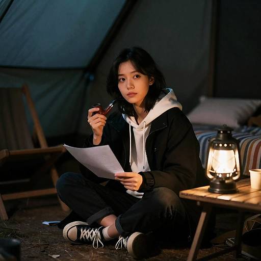 Young Woman in Dimly Lit Tent