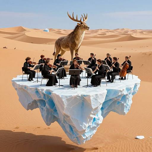 Photograph of a group of musicians in black formal attire, playing on a floating iceberg in a desert with a standing elk with large antlers above them