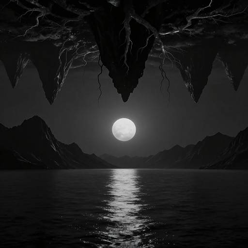 Dark cave ceiling with jagged icicles, full moon over reflective lake, silhouetted mountains, black and white digital art.