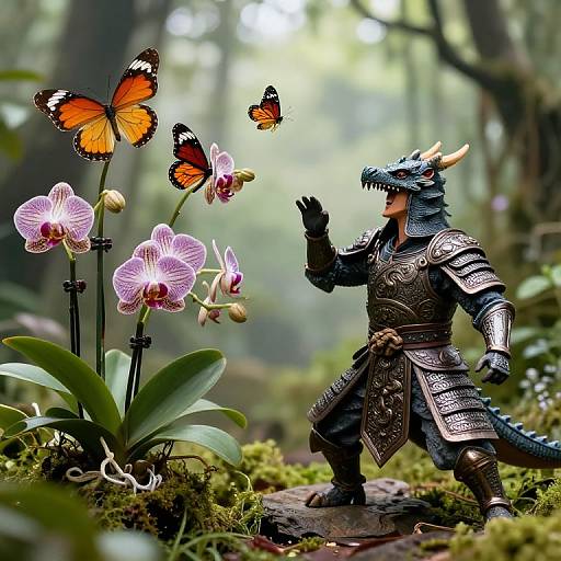 Photograph of a detailed fantasy dragon warrior in armor, standing in a lush, mossy forest beside pink orchids, interacting with orange butterflies.
